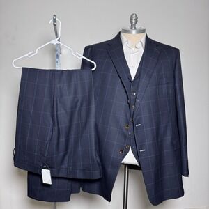 Custom Tailored 3-Piece Suit Mens 54L 50x34 Blue Windowpane Worsted Wool England